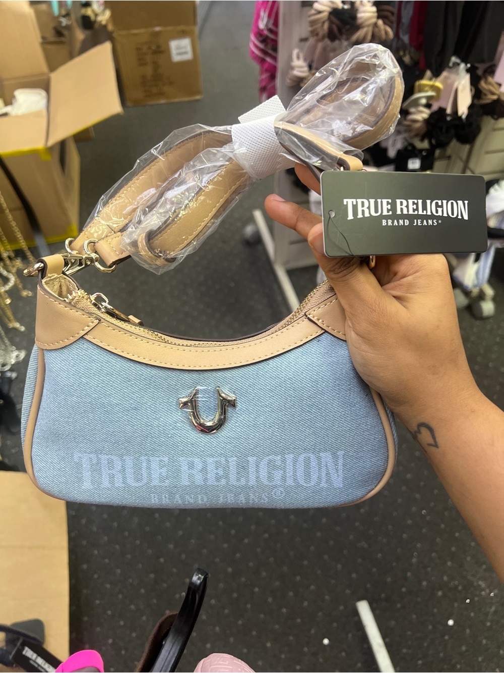 True Religion Light Blue Denim Shoulder Bag with Tan Trim